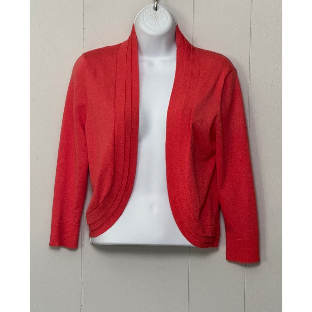 Ronni Nicole Women's Coral Pink Open Front Shrug Cardigan Tiered Trim Sz Medium